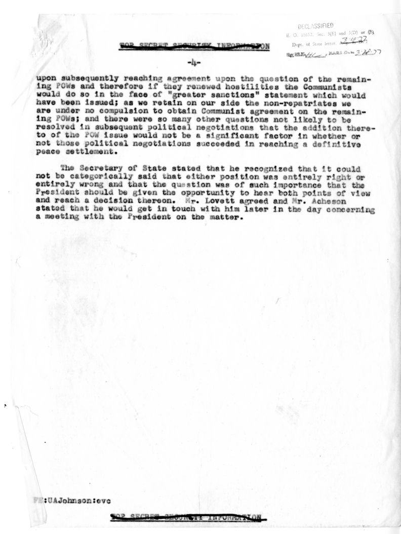 Memorandum of Conversation with Secretary of Defense Robert Lovett, Admiral William Fechteler, Admiral Ruthven E. Libby, and U. Alexis Johnson