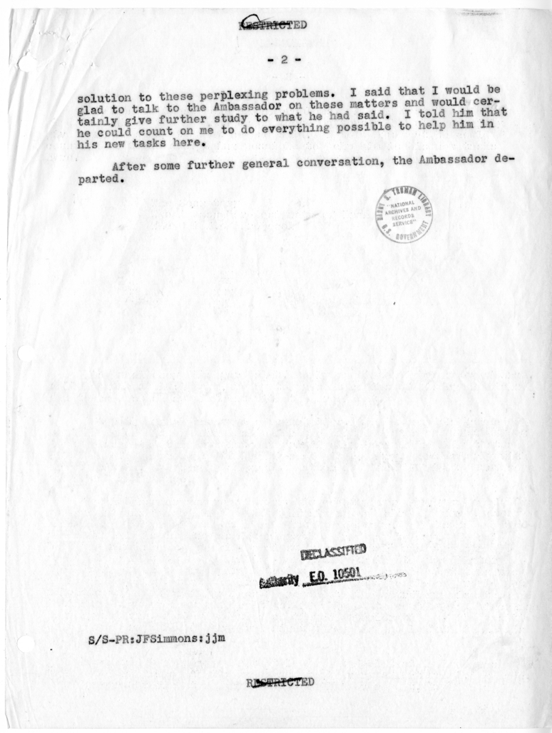 Memorandum of Conversation with His Excellency Ambassador Allahyar Saleh of Iran and John F. Simmons, Chief of Protocol