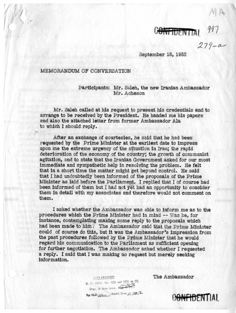 Memorandum of Conversation with Ambassador Allahyar Saleh of Iran