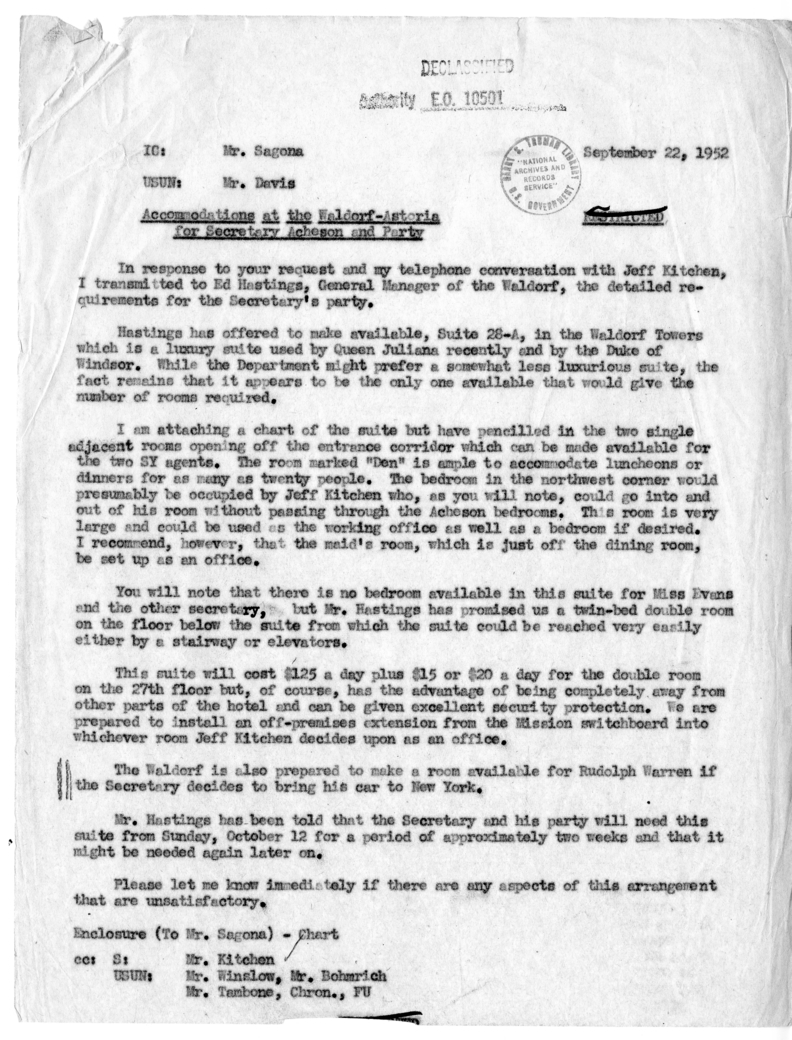 Memorandum from Mr. Davis to Mr. Sagona, with Attachments