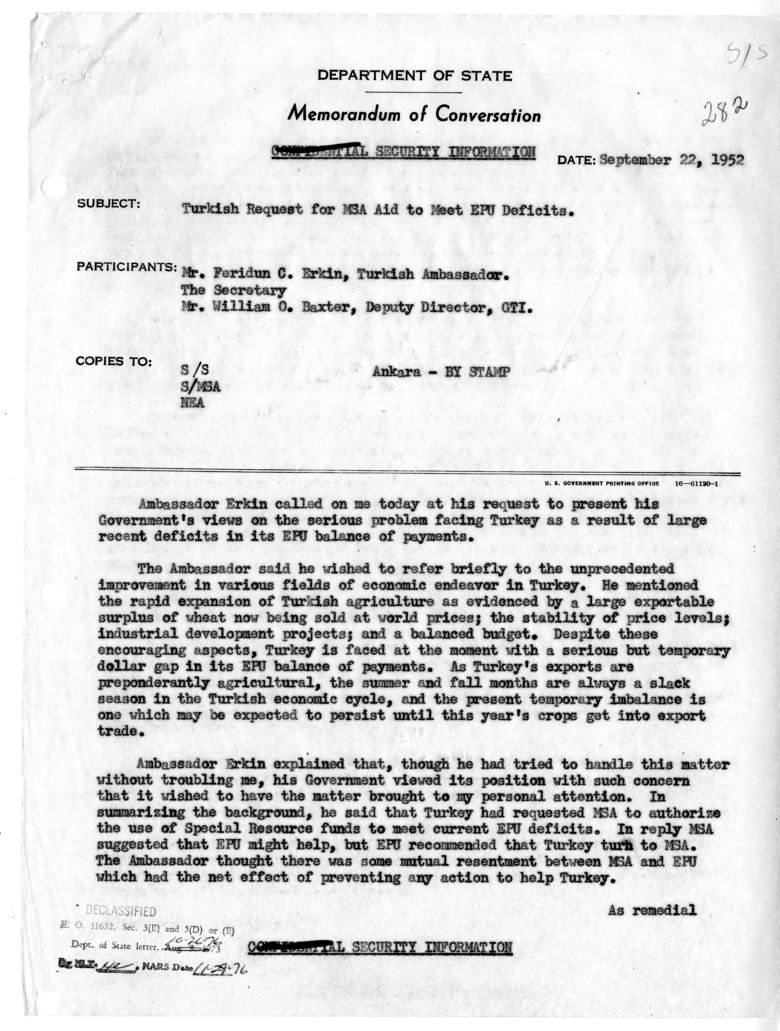 Memorandum of Conversation with Ambassador Feridun Erkin of Turkey and William O. Baxter