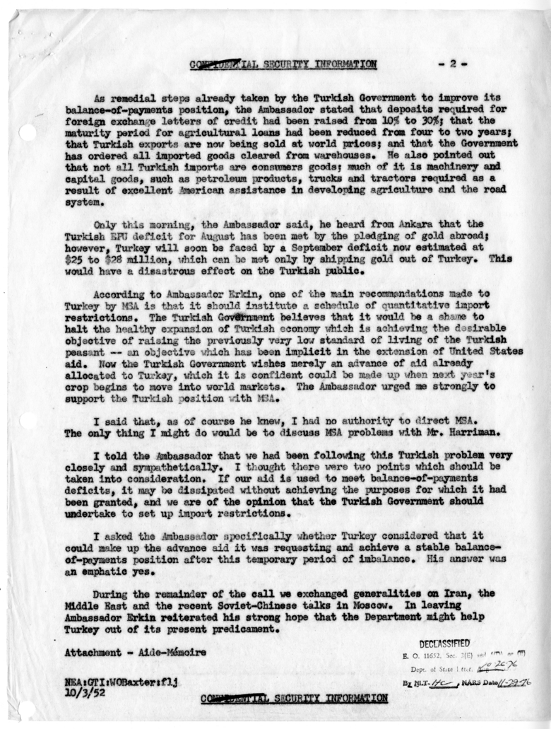 Memorandum of Conversation with Ambassador Feridun Erkin of Turkey and William O. Baxter
