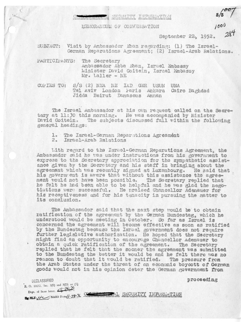 Memorandum of Conversation with Ambassador Abba Eban of Israel, Minister David Goitein of Israel and Fred E. Waller