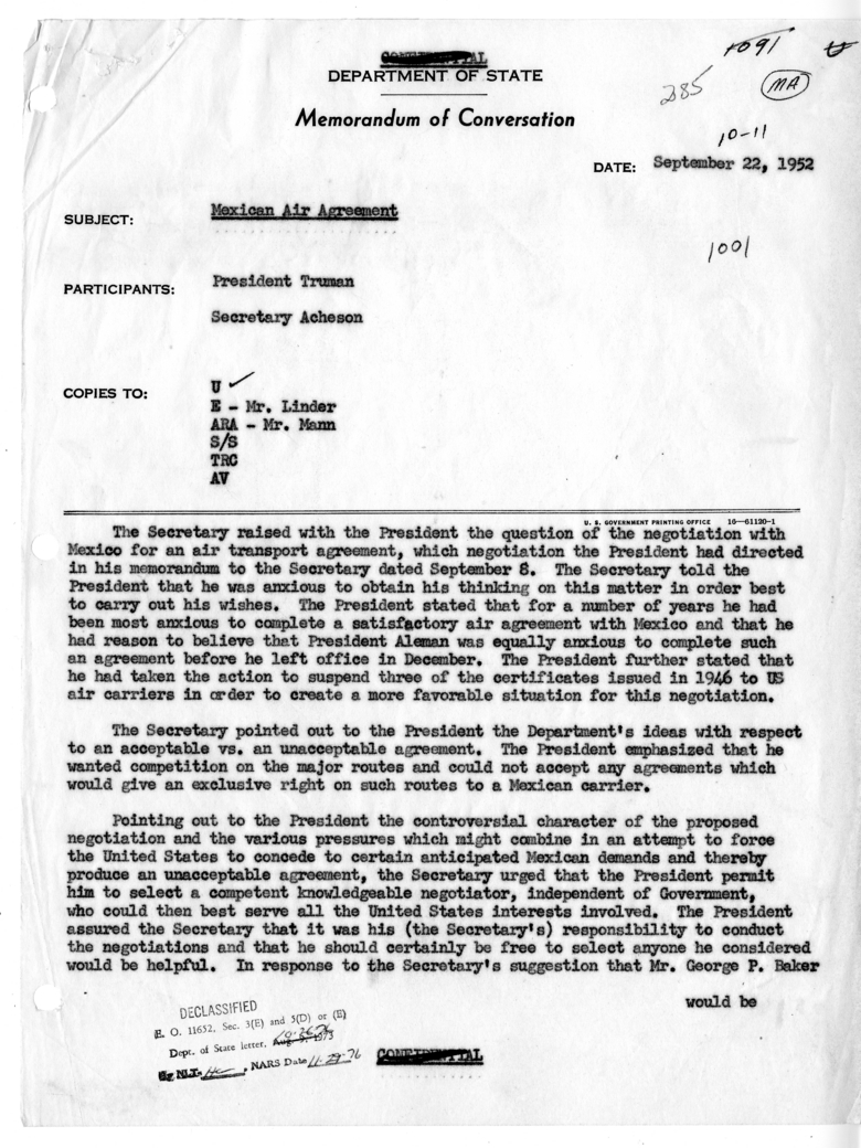 Memorandum of Conversation with President Harry S. Truman