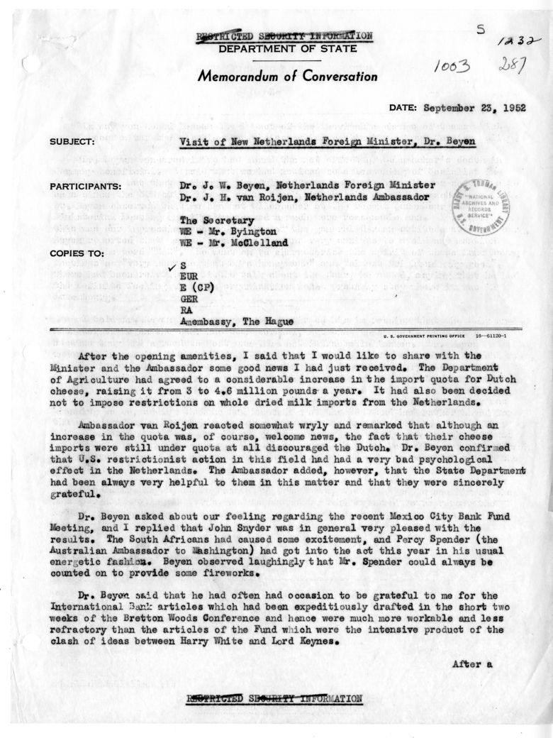 Memorandum of Conversation with Foreign Minister Dr. J. W. Beyen of the Netherlands, Ambassador S. Herman van Roijen of the Netherlands, Homer Byington, and R. D. McClelland