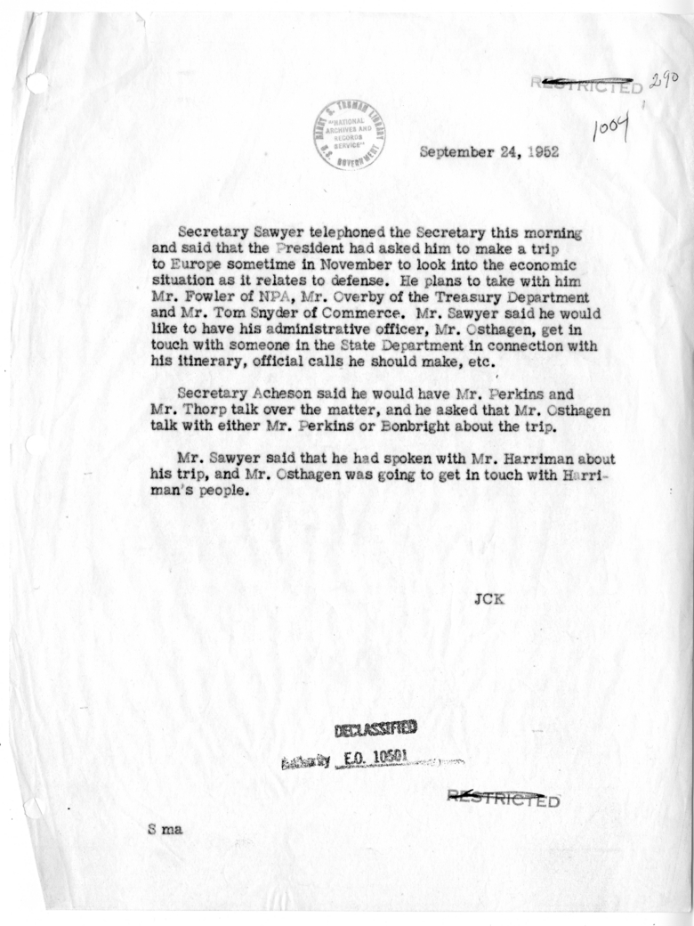 Memorandum of Telephone Conversation with Secretary of Commerce Charles Sawyer