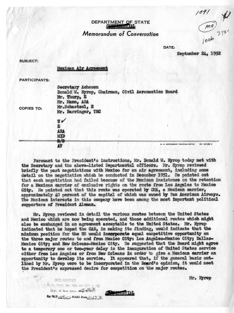 Memorandum of Conversation with Donald W. Nyrop; Willard Thorp; Thomas C. Mann; J. Paul Barringer; and Mr. Schaetzel