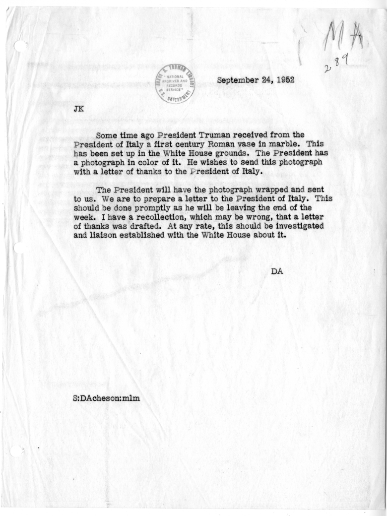 Memorandum from Secretary of State Dean Acheson to Jeffrey Kitchen