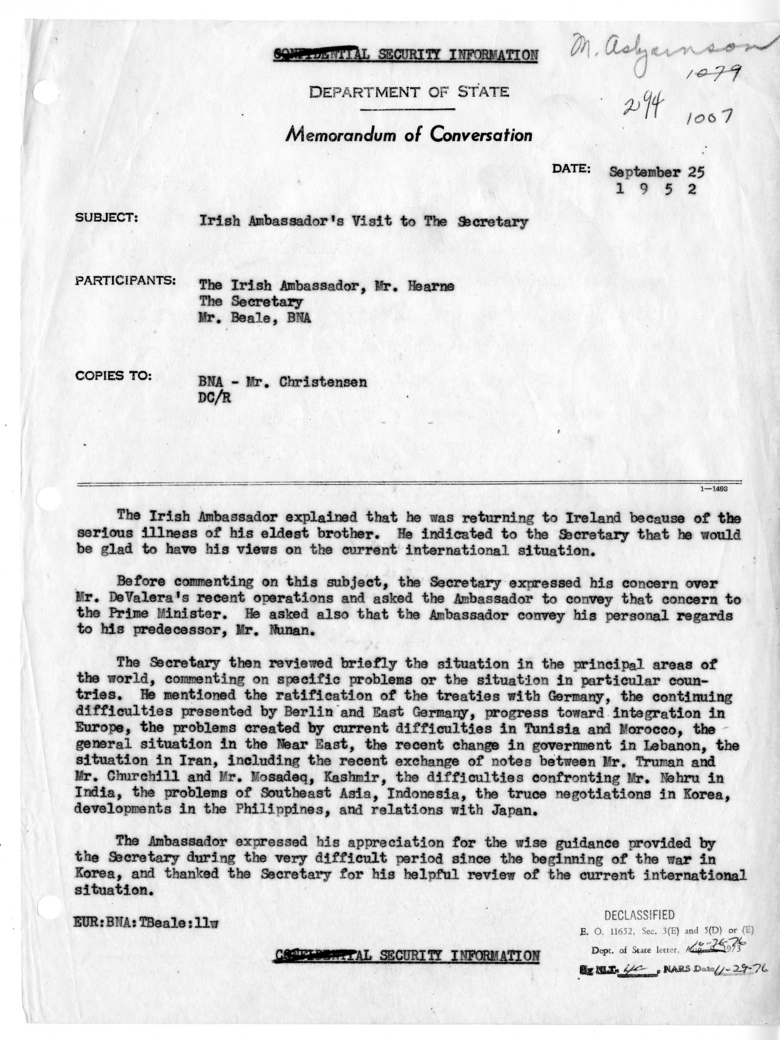 Memorandum of Conversation with Ambassador John J. Hearne of Ireland and Wilson T. M. Beal