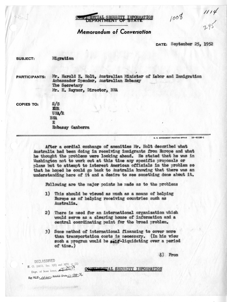 Memorandum of Conversation with Minister of Labor and Immigration Harold E. Holt of Australia, Ambassador Percy Spender of Australia, and G. Hayden Raynor