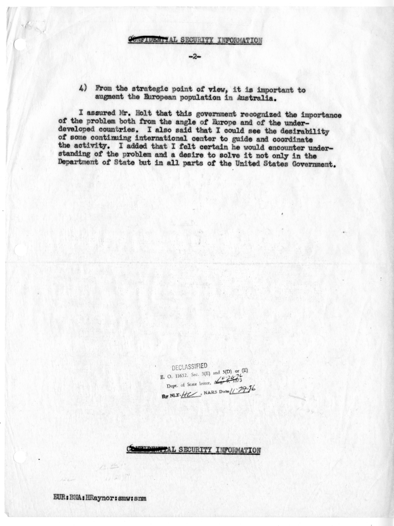 Memorandum of Conversation with Minister of Labor and Immigration Harold E. Holt of Australia, Ambassador Percy Spender of Australia, and G. Hayden Raynor