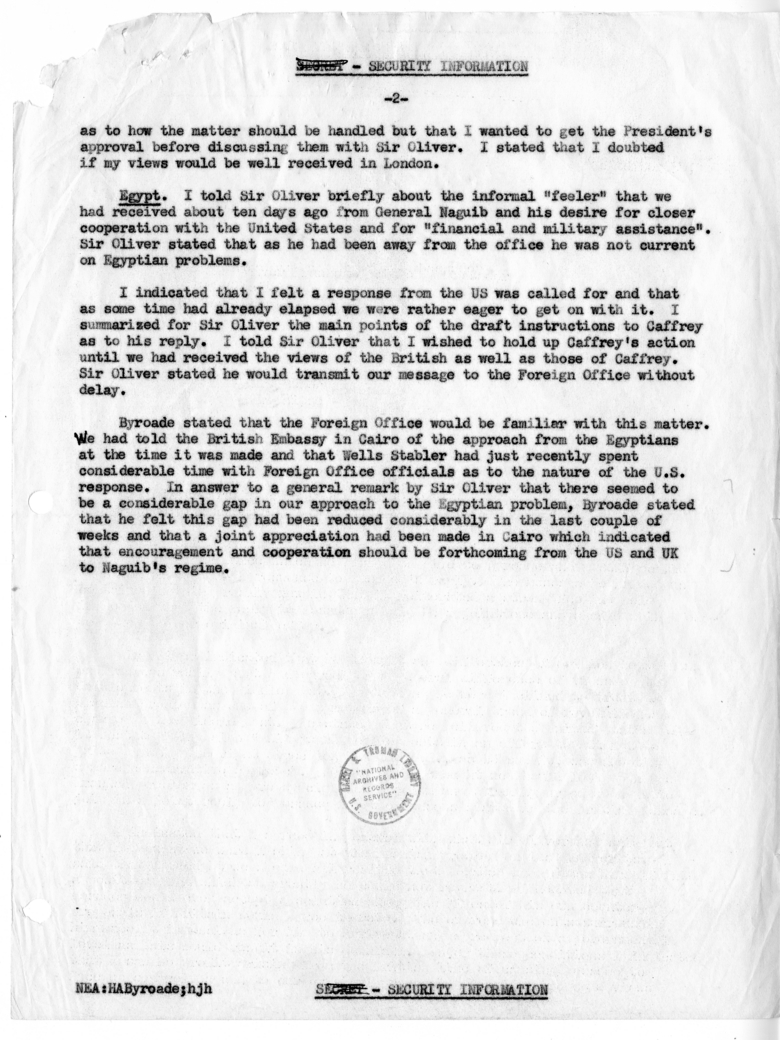 Memorandum of Conversation with Ambassador Sir Oliver Franks of Great Britain and Henry Byroade