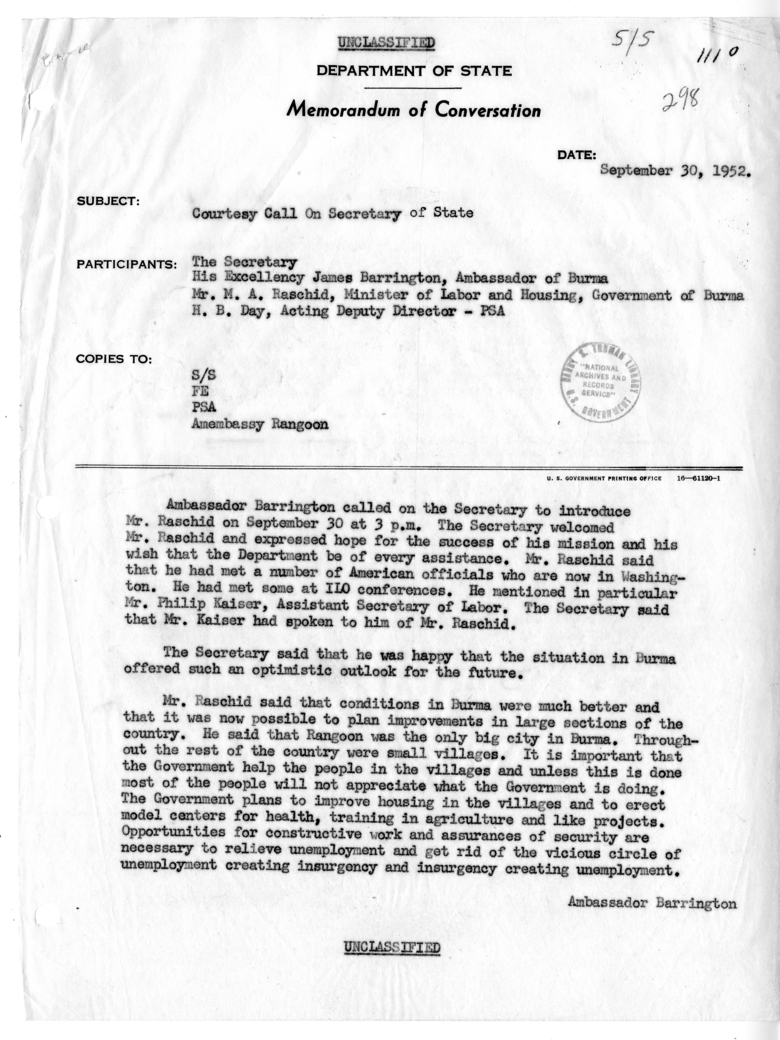 Memorandum of Conversation with His Excellency Ambassador James Barrington of Burma, Minister of Labor and Housing M. A. Raschid of Burma and H. B. Day