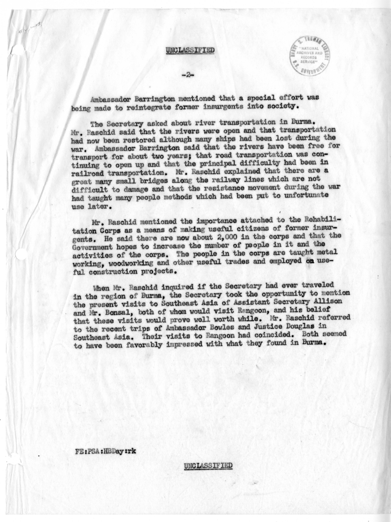 Memorandum of Conversation with His Excellency Ambassador James Barrington of Burma, Minister of Labor and Housing M. A. Raschid of Burma and H. B. Day