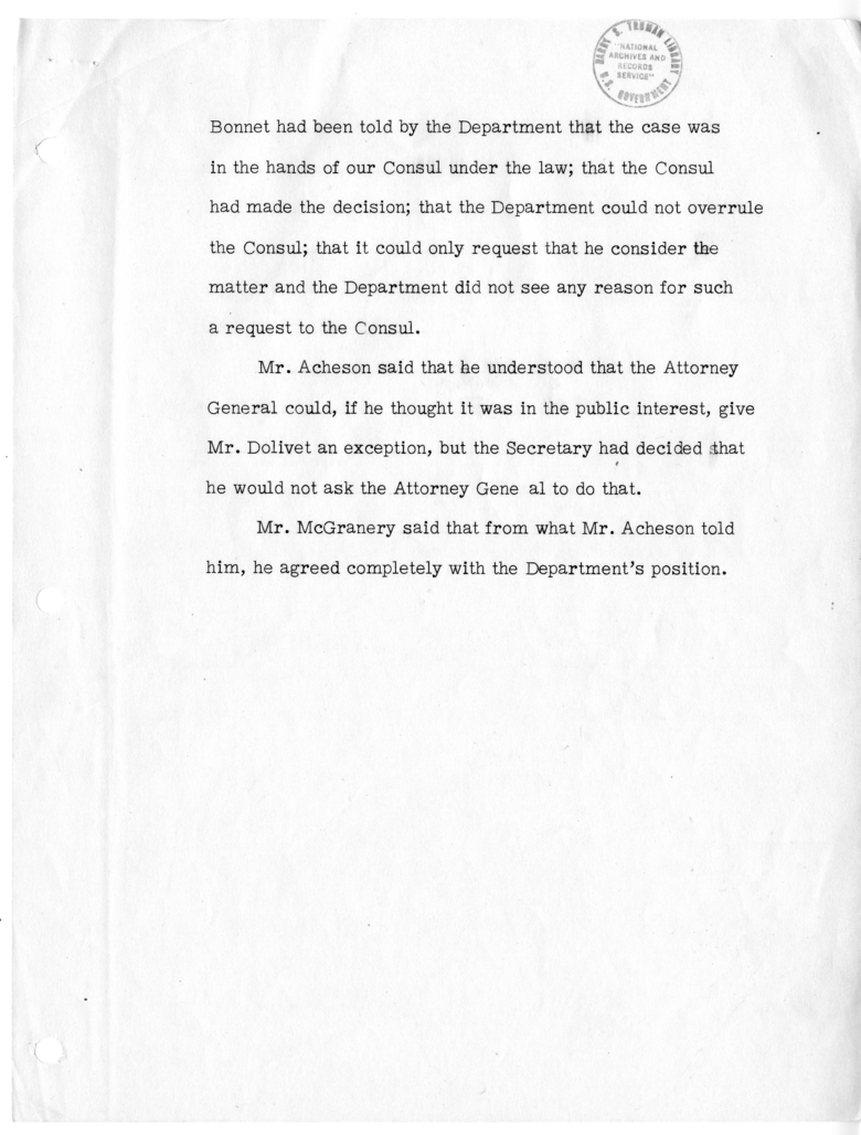 Memorandum of Telephone Conversation with Attorney General James McGranery
