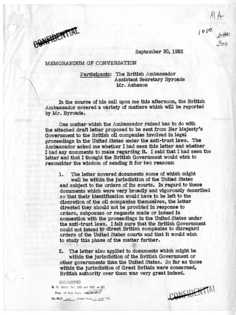 Memorandum of Conversation with Ambassador Sir Oliver Franks of Great Britain and Assistant Secretary Henry Byroade