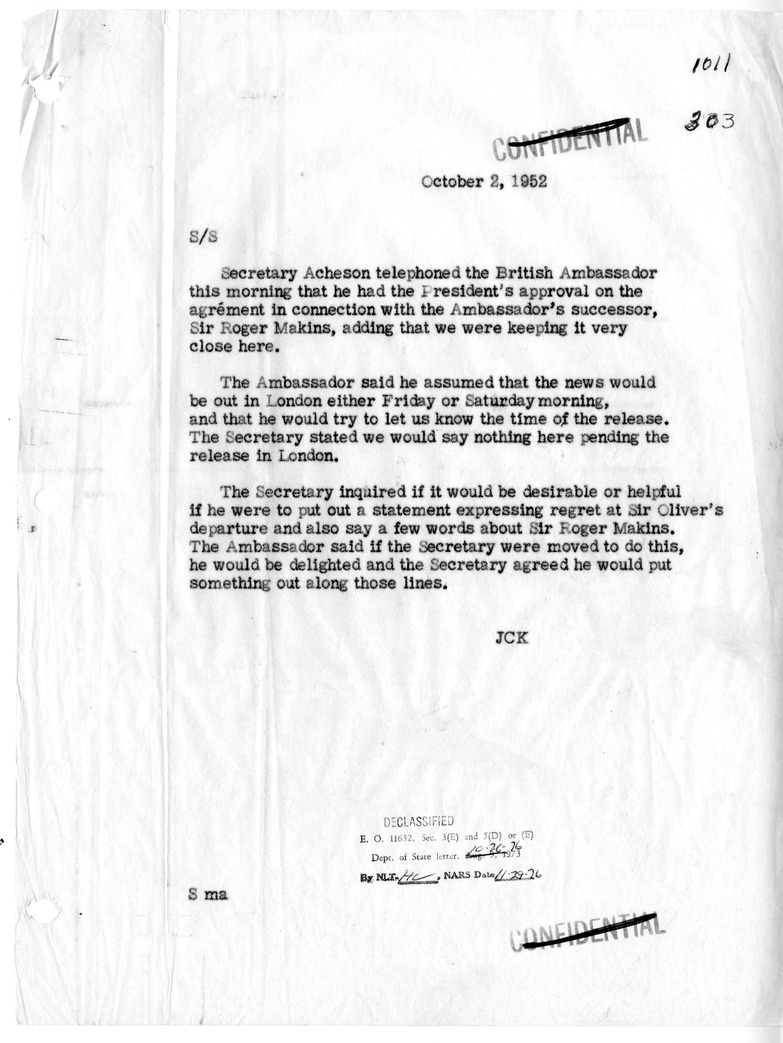 Memorandum of Telephone Conversation with Ambassador Sir Oliver Franks of Great Britain
