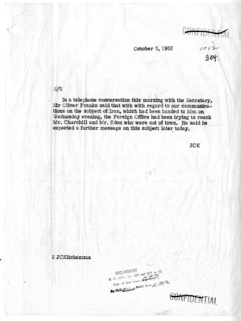 Memorandum of Conversation with Ambassador Sir Oliver Franks of Great Britain