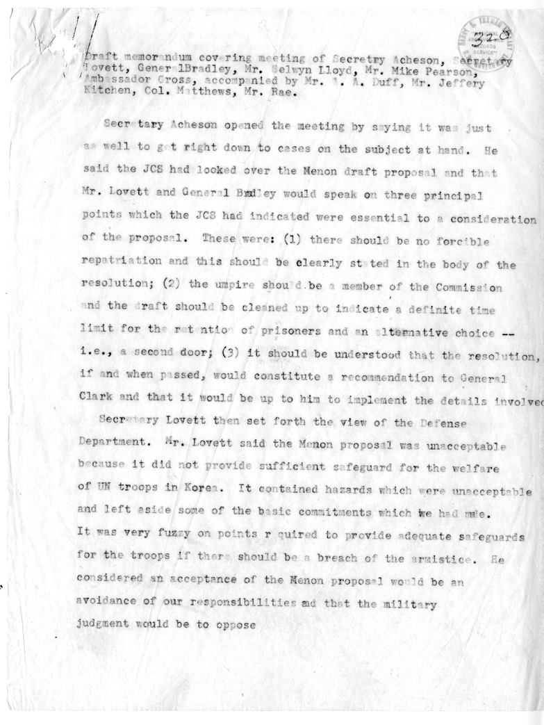 Draft Memorandum of Meeting of Secretary of State Dean Acheson, Secreatary of Defense Robert Lovett, General Omar Bradley, Selwyn Lloyd, Lester Pearson, and Ambassador Cross