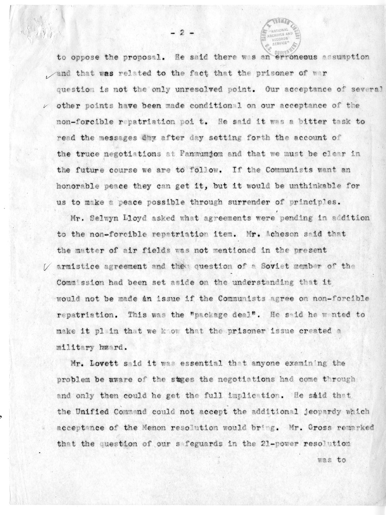 Draft Memorandum of Meeting of Secretary of State Dean Acheson, Secreatary of Defense Robert Lovett, General Omar Bradley, Selwyn Lloyd, Lester Pearson, and Ambassador Cross