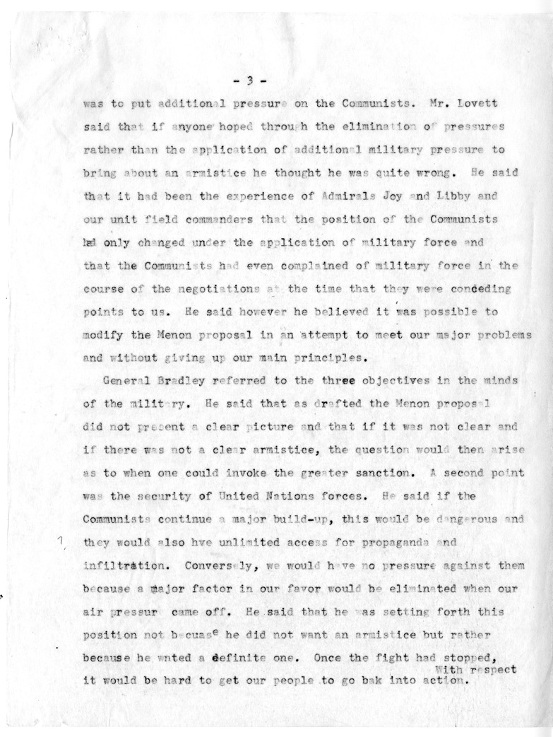 Draft Memorandum of Meeting of Secretary of State Dean Acheson, Secreatary of Defense Robert Lovett, General Omar Bradley, Selwyn Lloyd, Lester Pearson, and Ambassador Cross