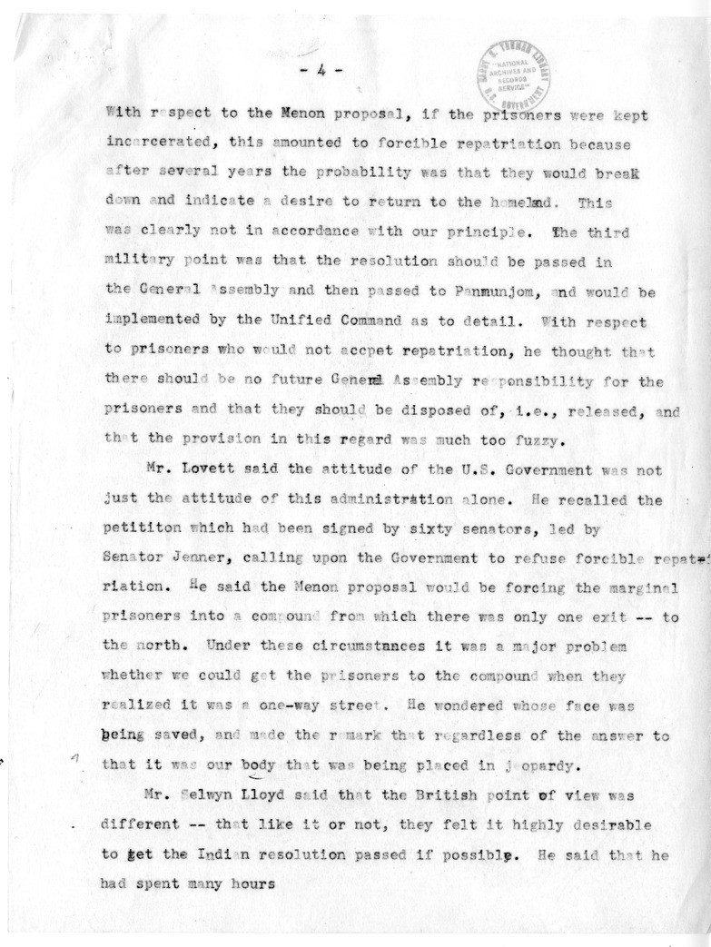 Draft Memorandum of Meeting of Secretary of State Dean Acheson, Secreatary of Defense Robert Lovett, General Omar Bradley, Selwyn Lloyd, Lester Pearson, and Ambassador Cross