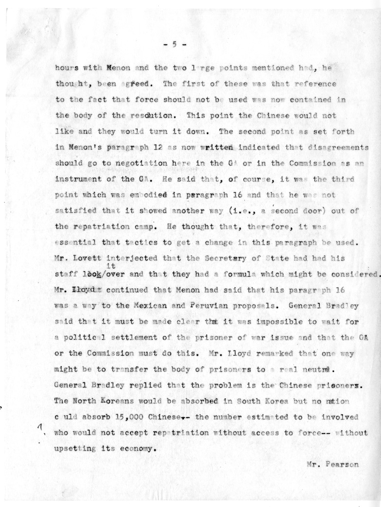 Draft Memorandum of Meeting of Secretary of State Dean Acheson, Secreatary of Defense Robert Lovett, General Omar Bradley, Selwyn Lloyd, Lester Pearson, and Ambassador Cross