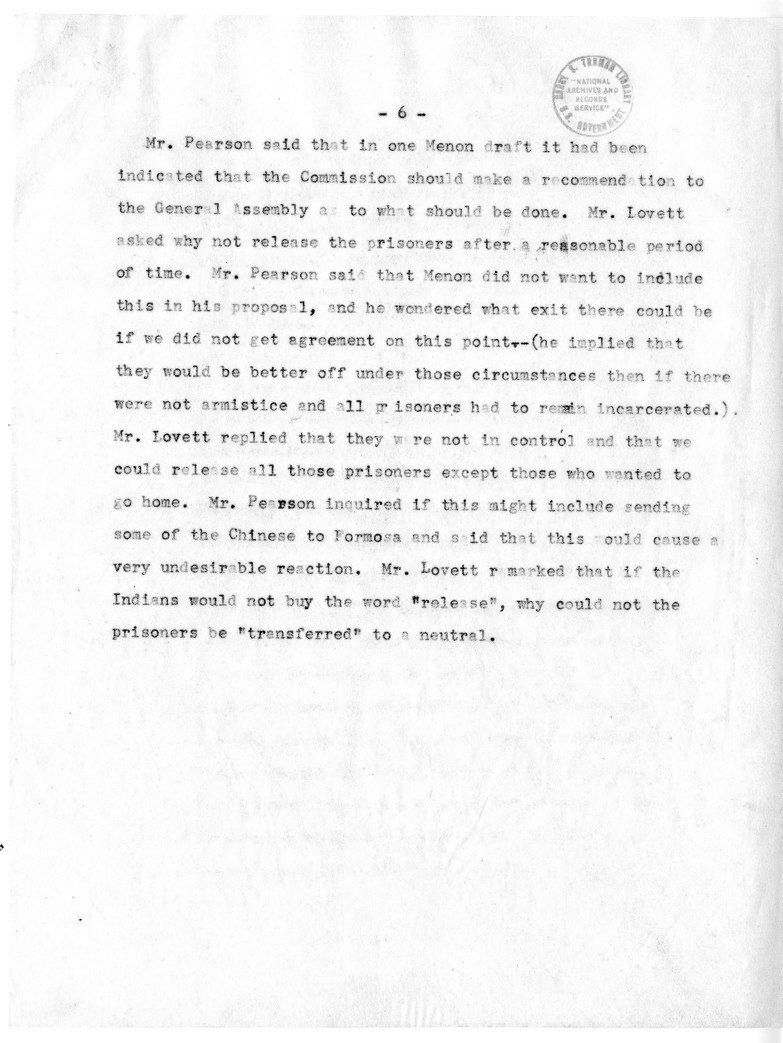 Draft Memorandum of Meeting of Secretary of State Dean Acheson, Secreatary of Defense Robert Lovett, General Omar Bradley, Selwyn Lloyd, Lester Pearson, and Ambassador Cross