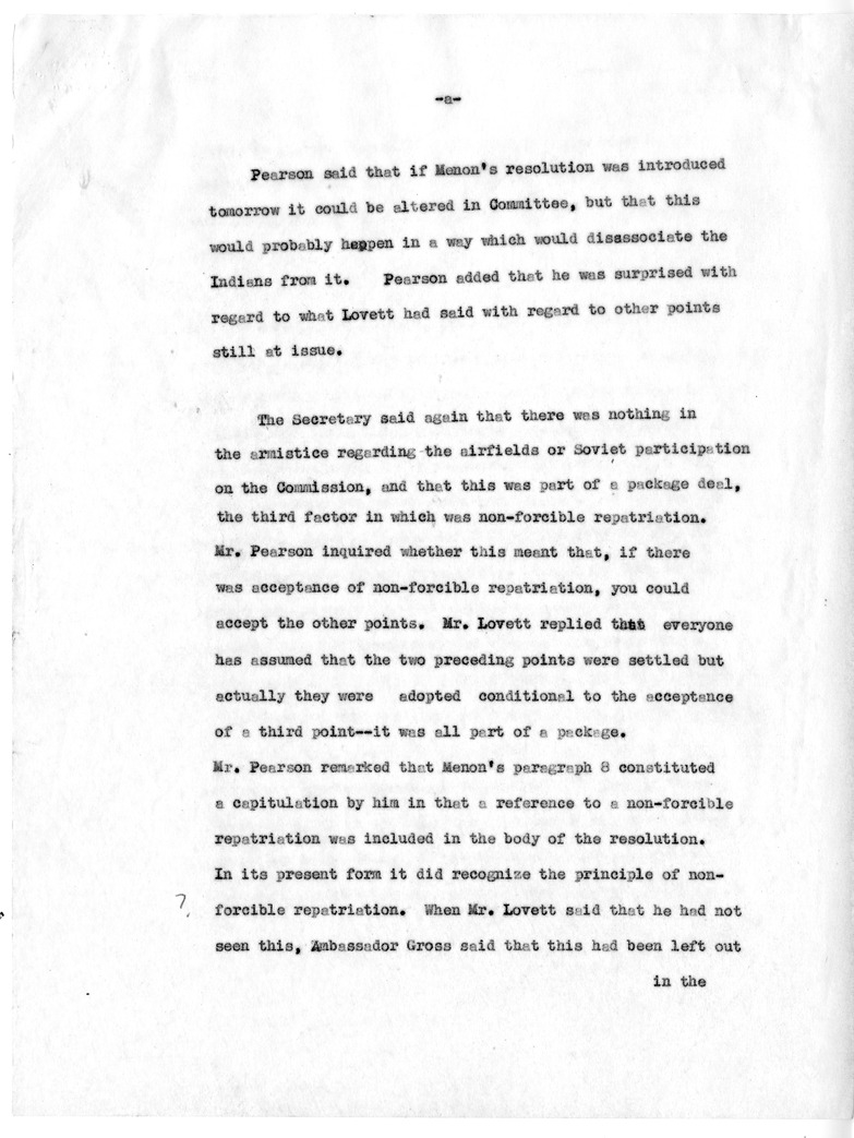 Draft Memorandum of Meeting of Secretary of State Dean Acheson, Secreatary of Defense Robert Lovett, General Omar Bradley, Selwyn Lloyd, Lester Pearson, and Ambassador Cross