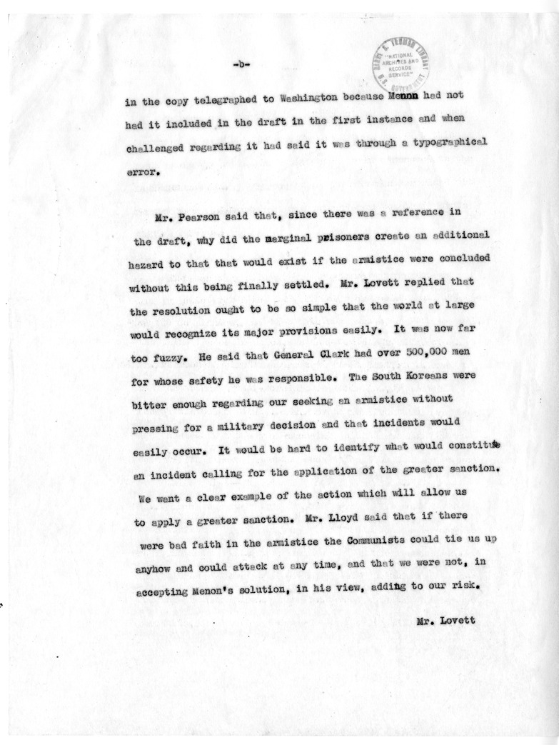 Draft Memorandum of Meeting of Secretary of State Dean Acheson, Secreatary of Defense Robert Lovett, General Omar Bradley, Selwyn Lloyd, Lester Pearson, and Ambassador Cross