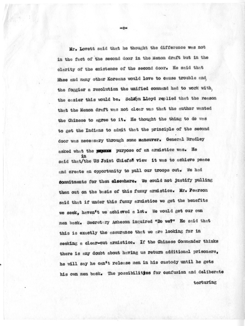 Draft Memorandum of Meeting of Secretary of State Dean Acheson, Secreatary of Defense Robert Lovett, General Omar Bradley, Selwyn Lloyd, Lester Pearson, and Ambassador Cross