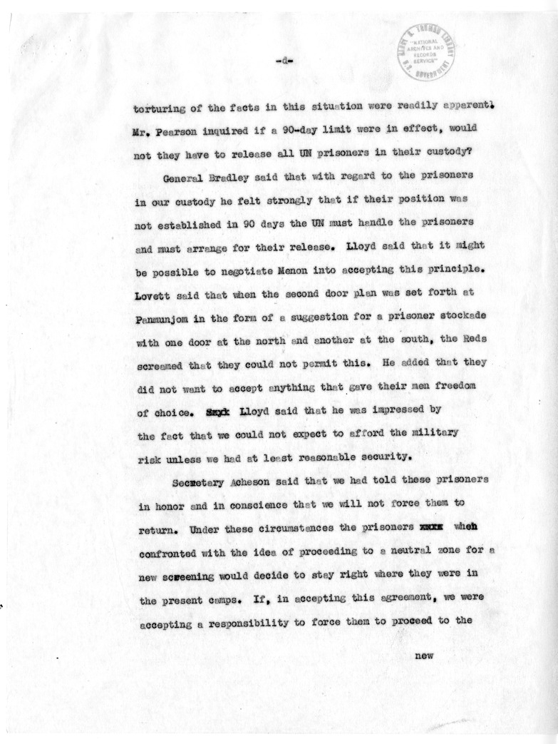 Draft Memorandum of Meeting of Secretary of State Dean Acheson, Secreatary of Defense Robert Lovett, General Omar Bradley, Selwyn Lloyd, Lester Pearson, and Ambassador Cross