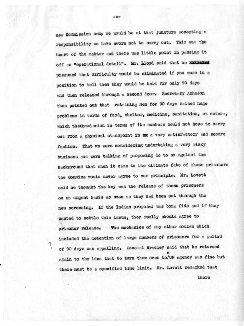 Draft Memorandum of Meeting of Secretary of State Dean Acheson, Secreatary of Defense Robert Lovett, General Omar Bradley, Selwyn Lloyd, Lester Pearson, and Ambassador Cross