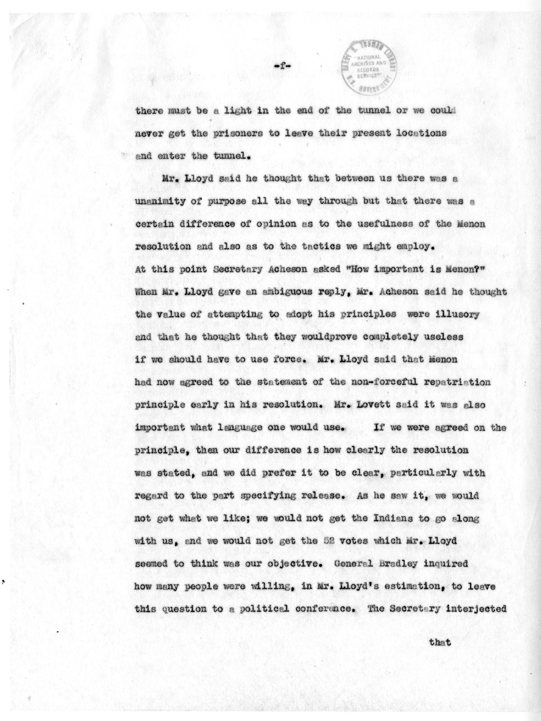 Draft Memorandum of Meeting of Secretary of State Dean Acheson, Secreatary of Defense Robert Lovett, General Omar Bradley, Selwyn Lloyd, Lester Pearson, and Ambassador Cross