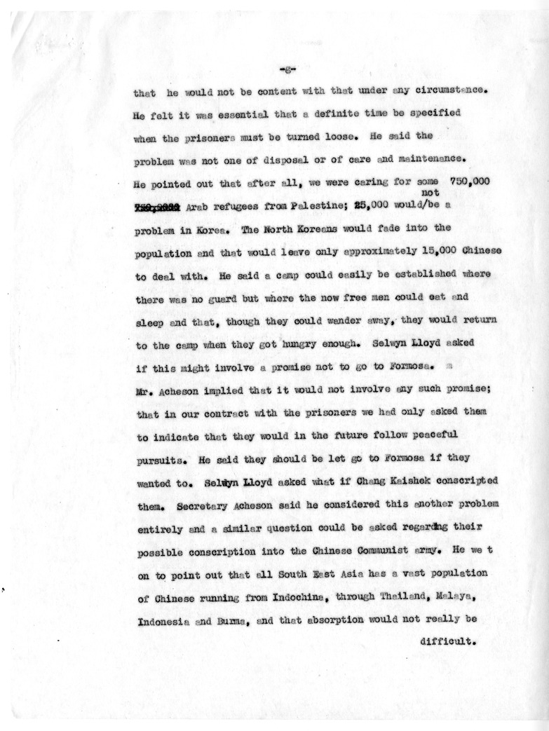 Draft Memorandum of Meeting of Secretary of State Dean Acheson, Secreatary of Defense Robert Lovett, General Omar Bradley, Selwyn Lloyd, Lester Pearson, and Ambassador Cross