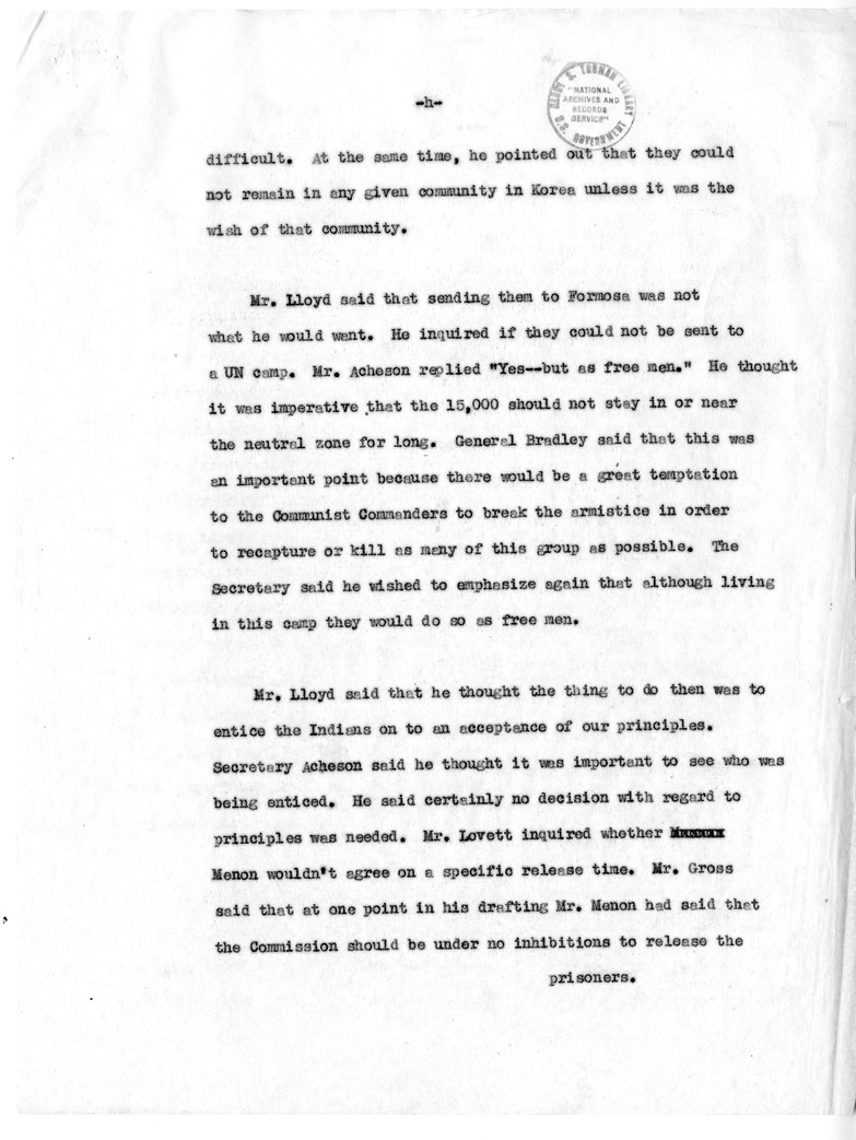 Draft Memorandum of Meeting of Secretary of State Dean Acheson, Secreatary of Defense Robert Lovett, General Omar Bradley, Selwyn Lloyd, Lester Pearson, and Ambassador Cross
