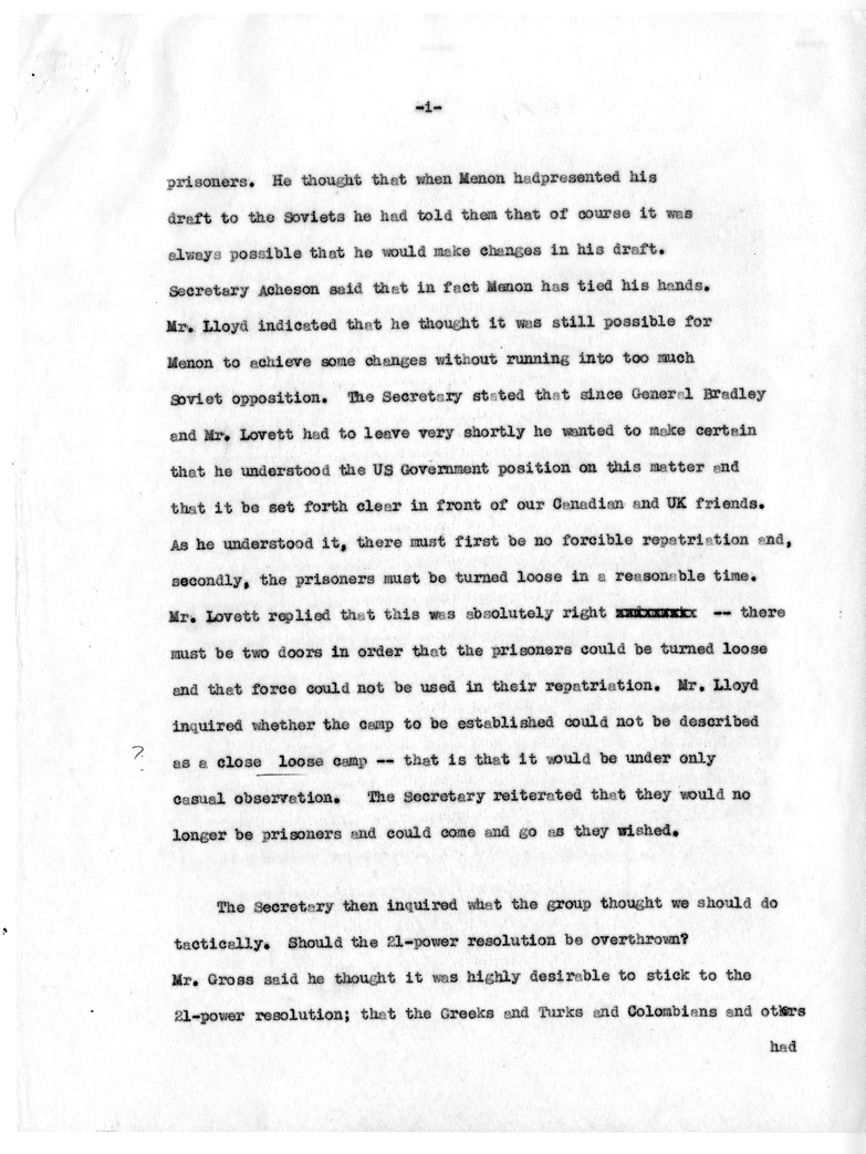 Draft Memorandum of Meeting of Secretary of State Dean Acheson, Secreatary of Defense Robert Lovett, General Omar Bradley, Selwyn Lloyd, Lester Pearson, and Ambassador Cross