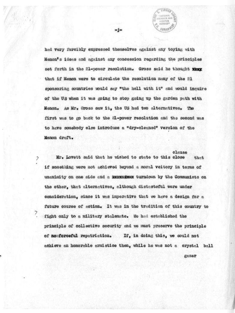Draft Memorandum of Meeting of Secretary of State Dean Acheson, Secreatary of Defense Robert Lovett, General Omar Bradley, Selwyn Lloyd, Lester Pearson, and Ambassador Cross