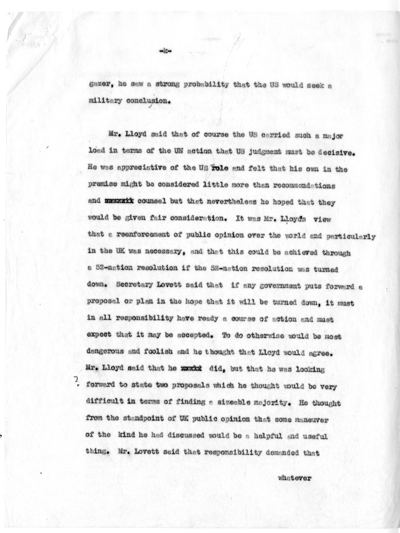 Draft Memorandum of Meeting of Secretary of State Dean Acheson, Secreatary of Defense Robert Lovett, General Omar Bradley, Selwyn Lloyd, Lester Pearson, and Ambassador Cross