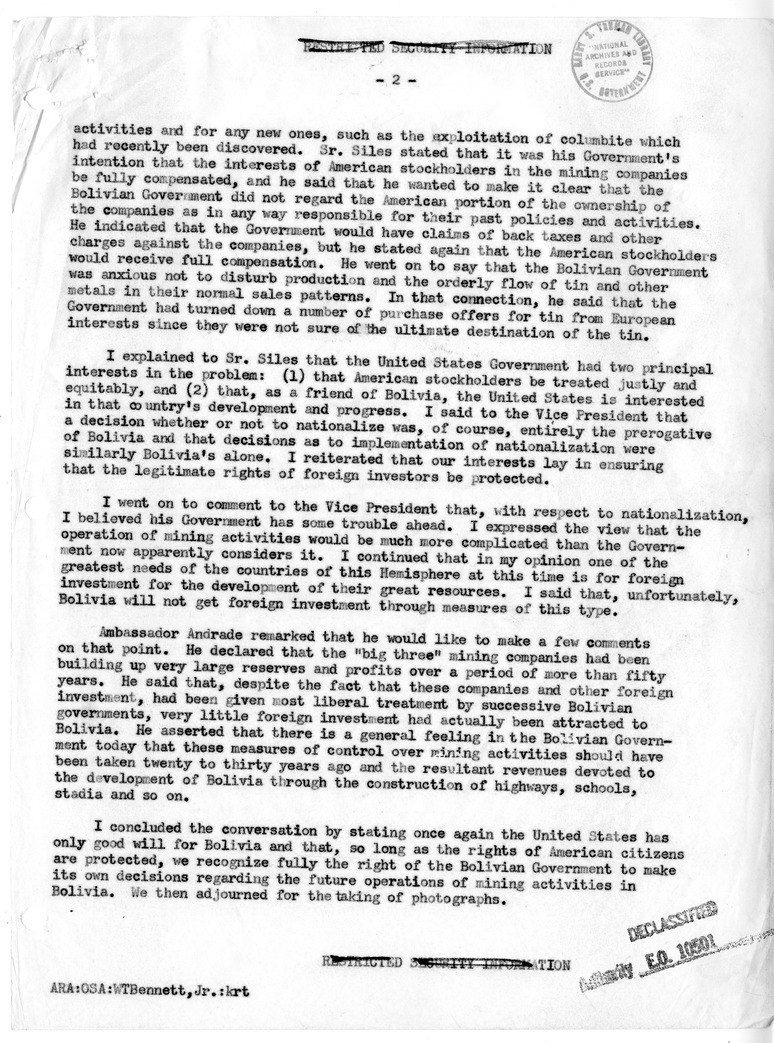 Memorandum of Conversation with Vice President Hernan Siles Zuazo of Bolivia, Ambassador Victor Andrade of Bolivia, and W. Tapley Bennett
