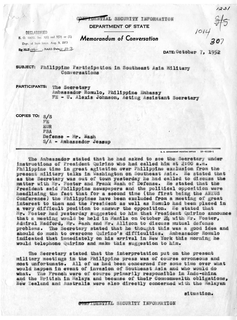 Memoranda of Conversation with Ambassador Carlos Romulo of the Philippines and U. Alexis Johnson