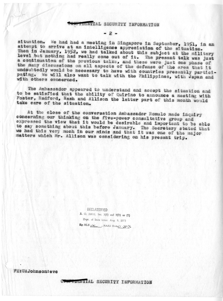 Memoranda of Conversation with Ambassador Carlos Romulo of the Philippines and U. Alexis Johnson