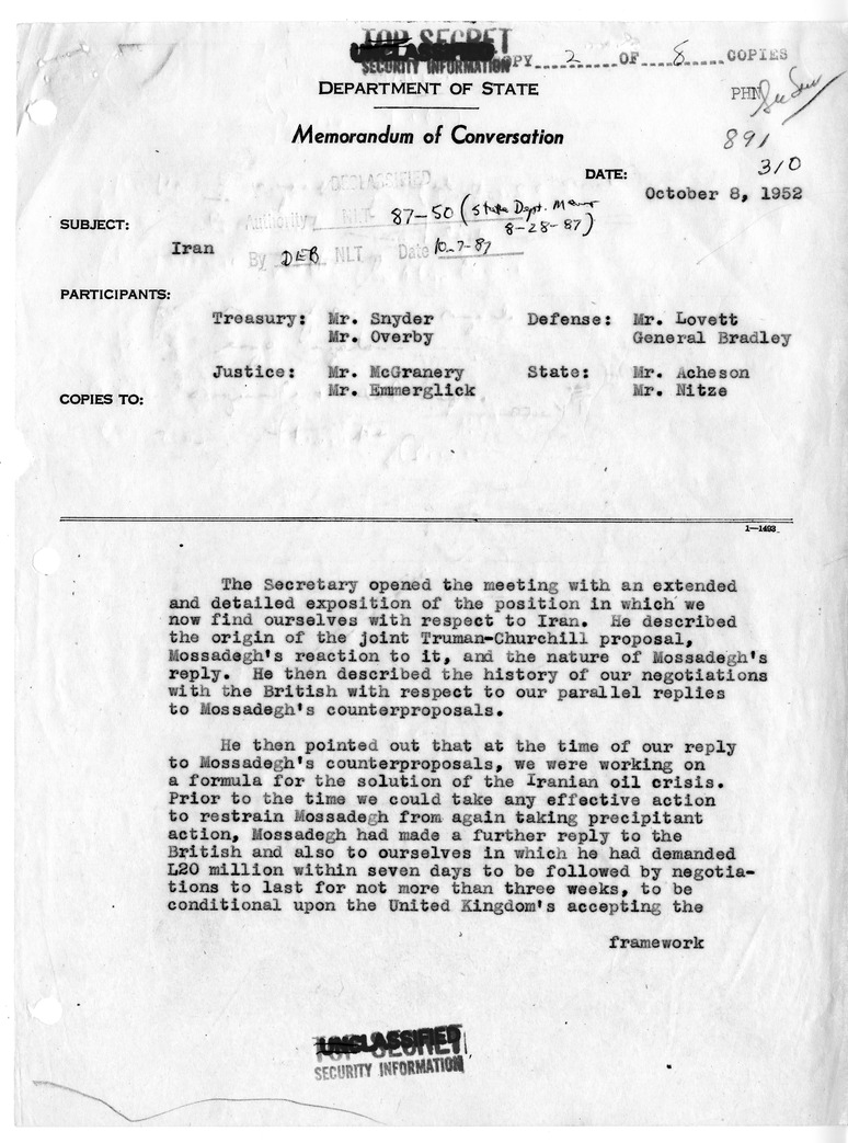 Memorandum of Conversation with Secretary of the Treasury John Snyder; Andrew N. Overby; Secretary of Defense Robert Lovett; General Omar Bradley; Attorney General James McGranery; Leonard J. Emmerglick; and Paul Nitze