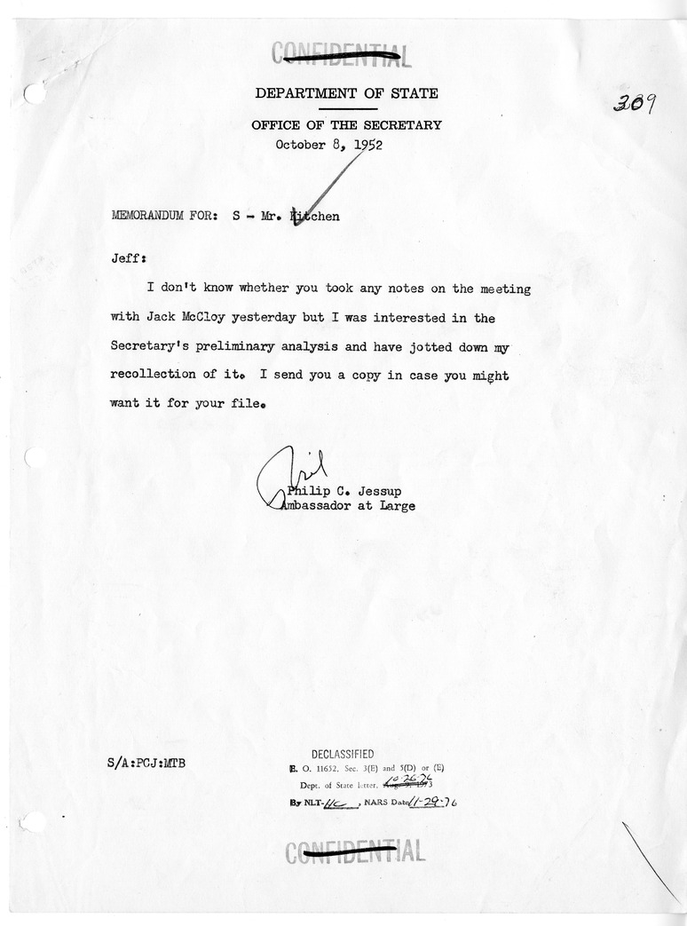 Memorandum from Philip Jessup to Jeffrey Kitchen, with Attachment