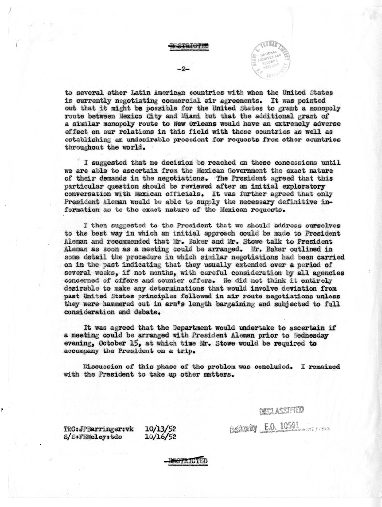 Memoranda of Conversation with President Harry S. Truman, David Stowe, George P. Baker, Donald W. Nyrop, and J. Paul Barringer