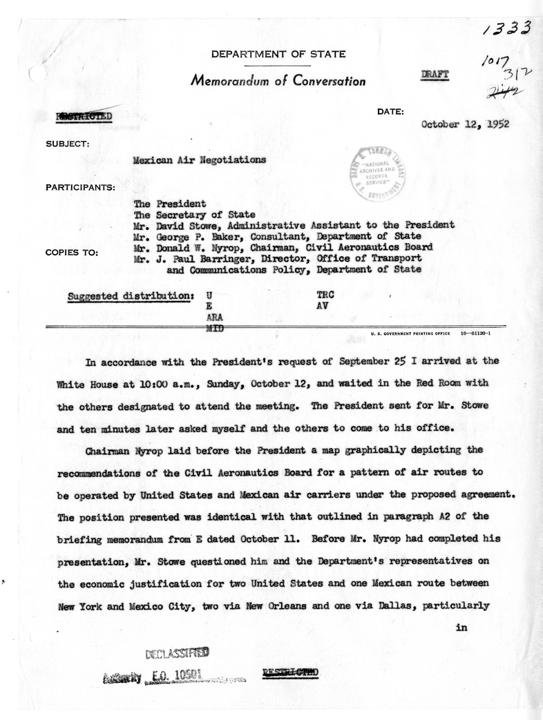 Memorandum of Conversation with President Harry S. Truman, David Stowe, George P. Baker, Donald W. Nyrop, and J. Paul Barringer