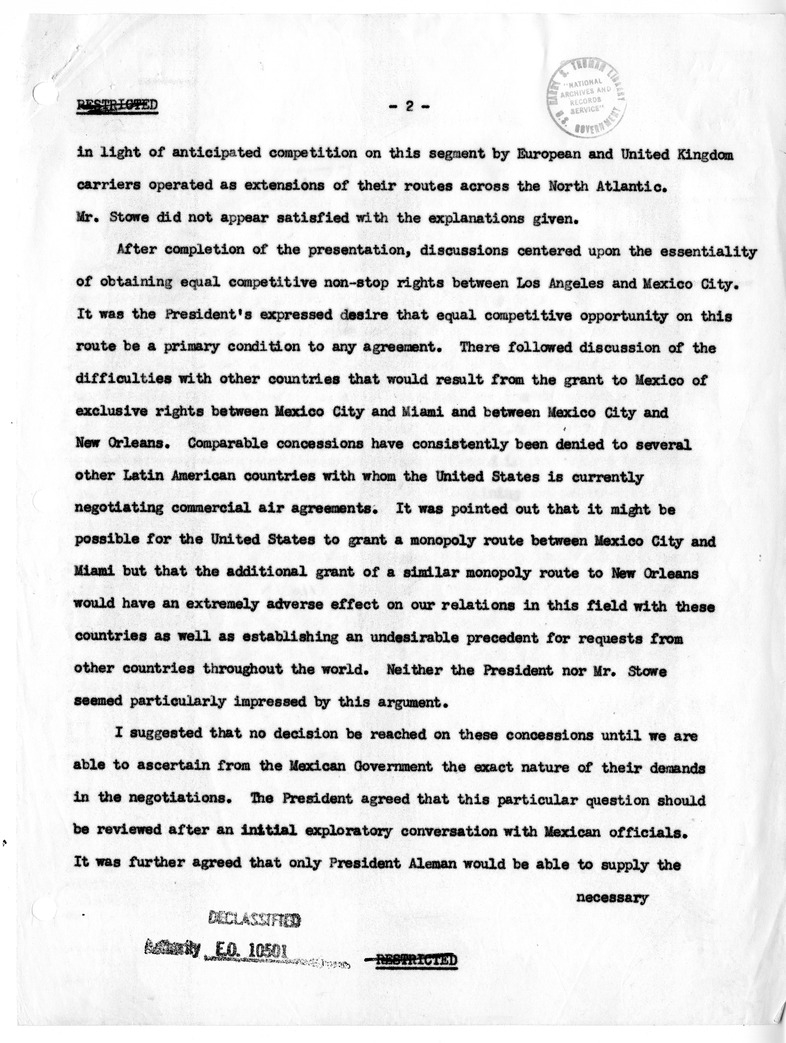 Memorandum of Conversation with President Harry S. Truman, David Stowe, George P. Baker, Donald W. Nyrop, and J. Paul Barringer
