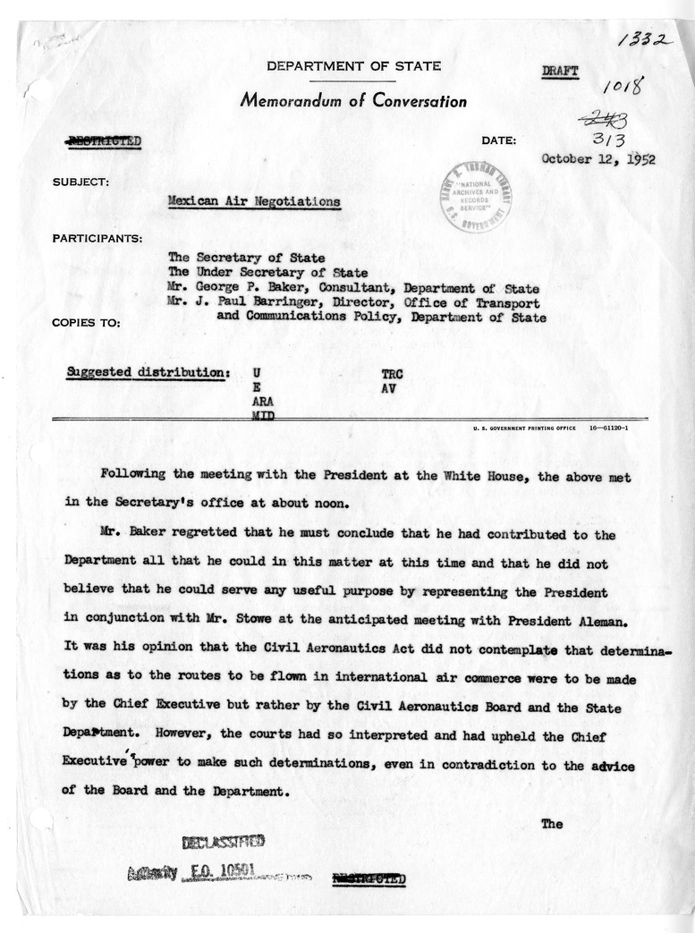 Memorandum of Conversation with David K. Bruce; George P. Baker; and J. Paul Barringer