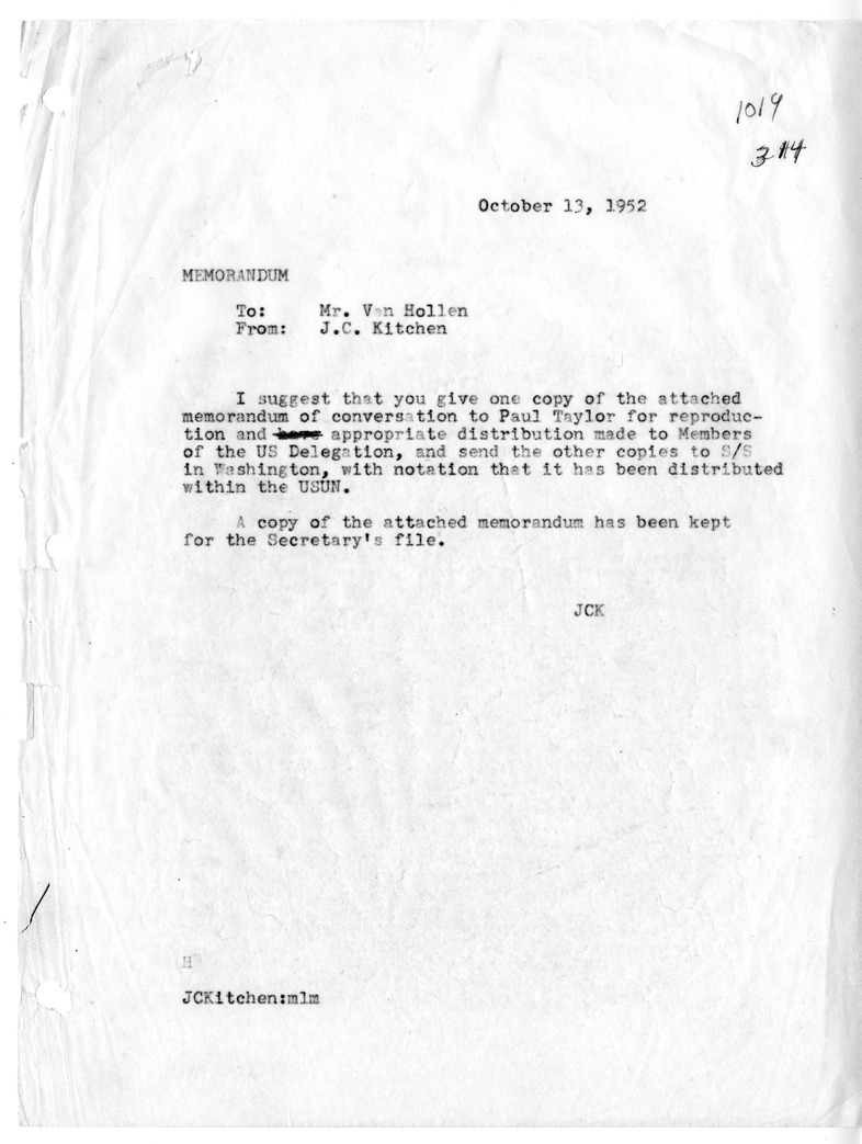 Memorandum of Conversation with Minister of Foreign Affairs for Australia Richard Casey, with Attached Internal Memorandum from Jeffery C. Kitchen