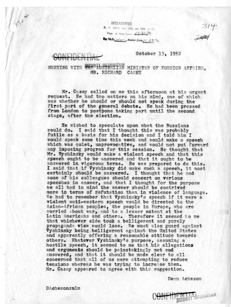 Memorandum of Conversation with Minister of Foreign Affairs for Australia Richard Casey, with Attached Internal Memorandum from Jeffery C. Kitchen